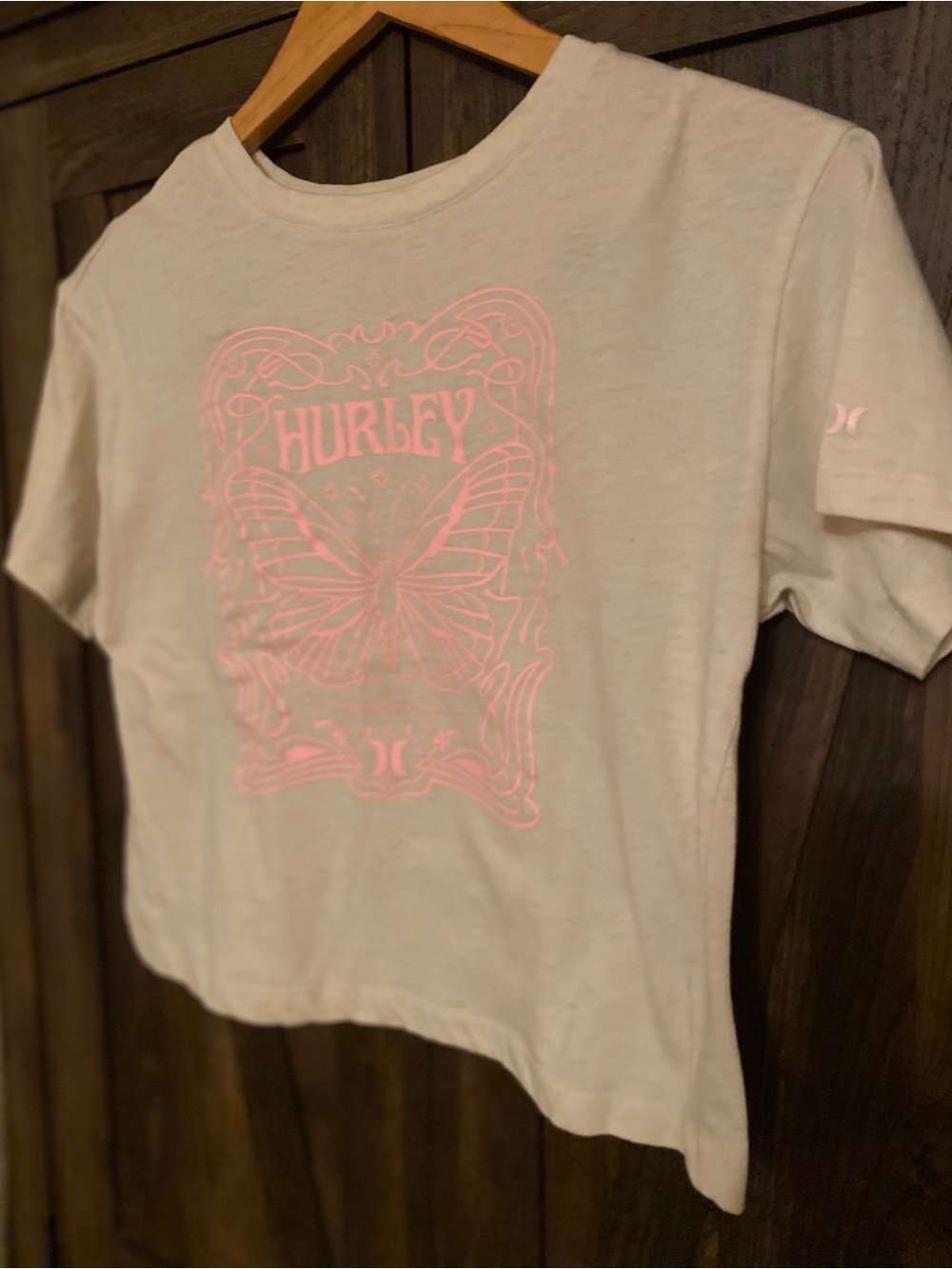 Hurley  White Tee with Pink Butterfly Graphic